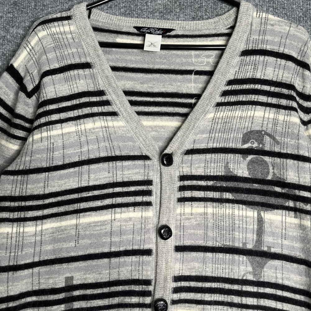 Artful Dodger Mens Grey Striped 100% Wool V-Neck Button Front Cardigan Sweater L - Picture 2 of 7